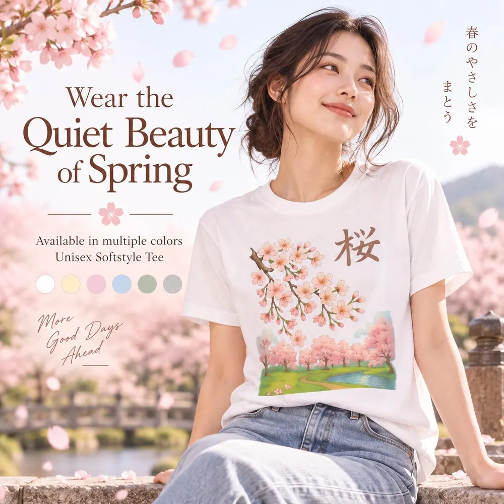 Cherry Blossom T-Shirt — Sakura Kanji & Spring Landscape