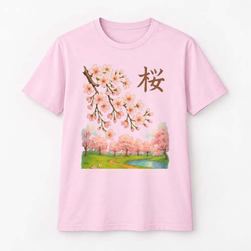 Cherry Blossom T-Shirt — Sakura Kanji & Spring Landscape