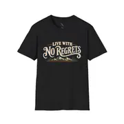 Camiseta unisex — frase «Live With No Regrets» con montañas nevadas — Foto 2 de 11