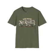 Camiseta unisex — frase «Live With No Regrets» con montañas nevadas — Foto 6 de 11