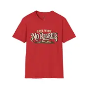 Camiseta unisex — frase «Live With No Regrets» con montañas nevadas — Foto 11 de 11