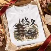 筆文字の「悠久」と五重塔の寺 ユニセックスTシャツ — 写真 1 / 18