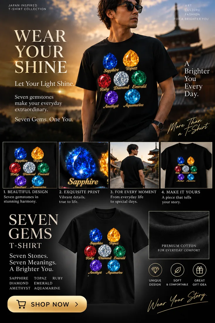宝石柄Tシャツを着た男性と、7つの宝石のデザイン